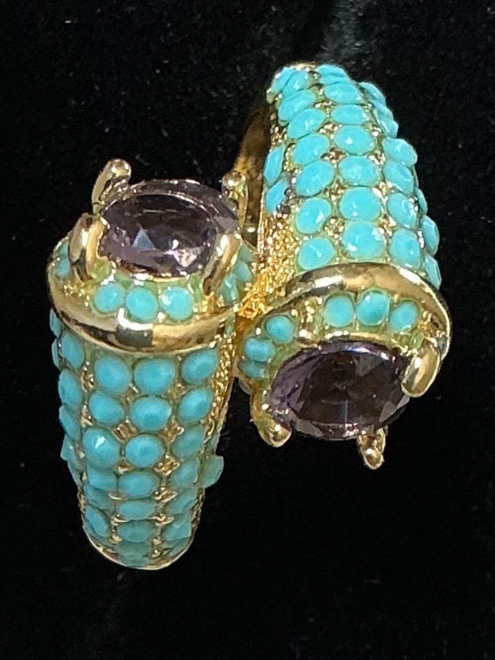 Sterling Silver Bypass Ring Gold Tone Amethyst Turquoise Pavé Style 925 - Picture 5 of 16